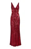 Naeem Khan Stretch Sequined Gown In Red