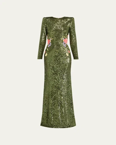 Naeem Khan Strong-shoulder Sequined Long-sleeve Gown In Green