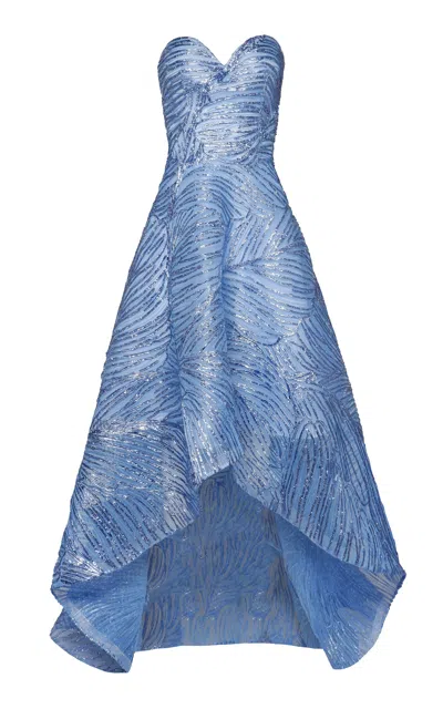 Naeem Khan Sweetheart Raffia Asymmetric Tulle-blend Gown In Blue
