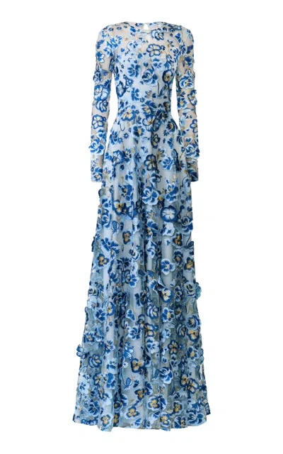Naeem Khan Textured Floral Lace Gown In Blue