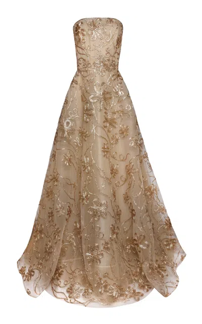 Naeem Khan Textured Raffia Tulle-blend Gown In Brown