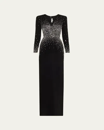 Naeem Khan V-neck Crystal Long Sleeve Column Gown In Blacksilver
