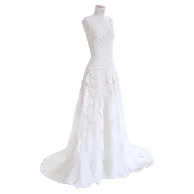 Pre-owned Naeem Khan Vintage Lace Sheer Ivory Floral Embroidered Train Wedding Dress Gown In White