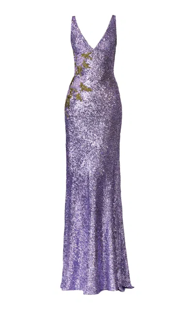 Naeem Khan V-neck Applique Sequined Gown In Purple