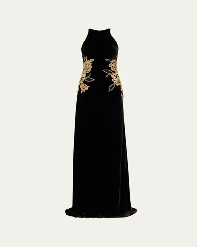Naeem Khan Waist Applique Velvet Halter Gown In Black