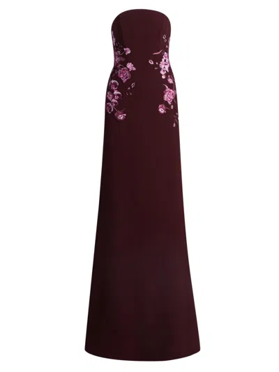 Naeem Khan Women's Floral-appliqué Crepe Strapless Fit & Flare Gown In Burgundy