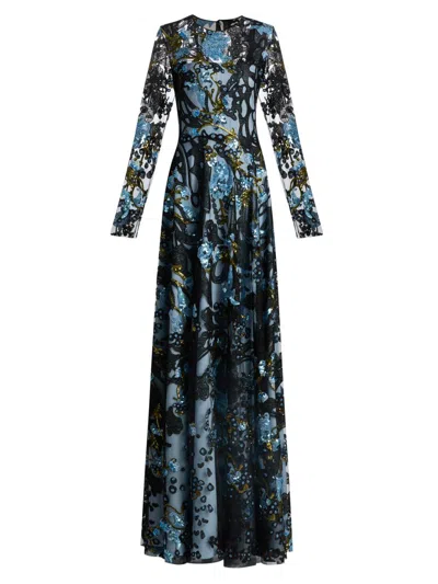 Naeem Khan Women's Sequined Floral Lace Long-sleeve Gown In Blue