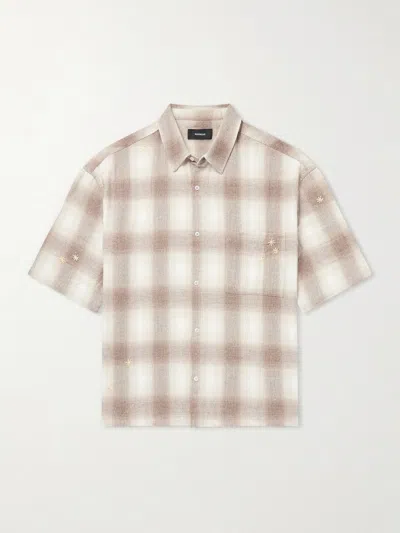 Nahmias Oversize Floral Embroidered Plaid Short Sleeve Cotton Flannel Button-up Shirt In Neutral