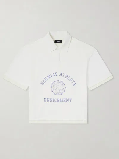 Nahmias Destroyed Logo-print Pointelle-knit Cotton Polo Shirt In White