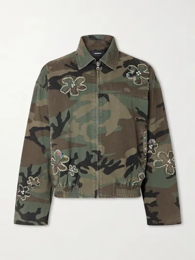Nahmias Crystal Embellished Floral Patch Camouflage Print Cotton Twill Jacket In Brown