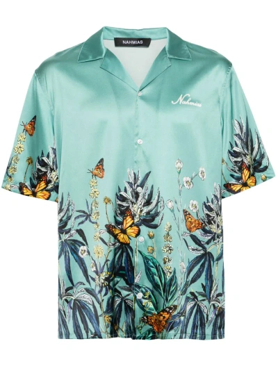 Nahmias Silk-blend Botanical Print Shirt In Blue