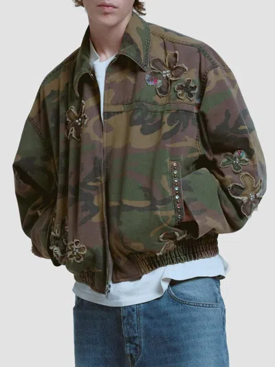 Nahmias Men's Floral Patch Crystal Camo Bomber Jacket In Transparent
