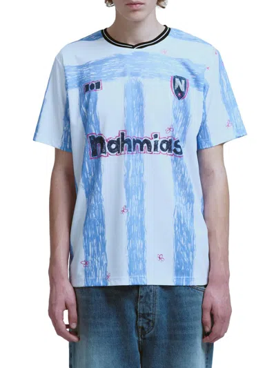 Nahmias Scribble Logo-print Striped Jersey T-shirt In Blue