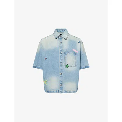 Nahmias Mens Light Wash Denim Oversized Bandaid Denim  Shirt Xl In Blue