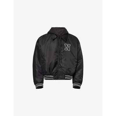 Nahmias Mens Logo-patch Hooded Nylon Bomber Jacket Black