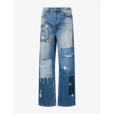 Nahmias Mens Wipeout Embroidered-patches Denim Jeans Indigo In Blue