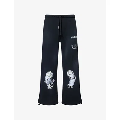 Nahmias Mens Worn Black Fleece Mascot Wide-leg Cotton-jersey Joggers Xl