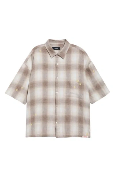 Nahmias Oversize Floral Embroidered Plaid Short Sleeve Cotton Flannel Button-up Shirt In Neutral