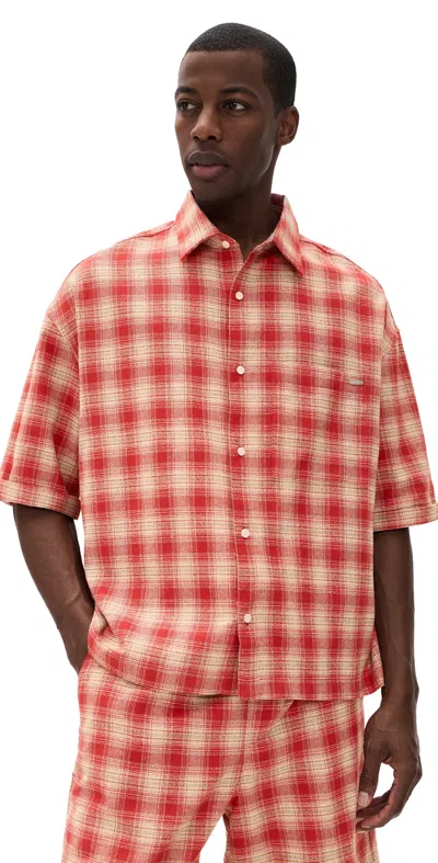 Nahmias Plaid Cropped Short Sleeve Shirt Cherry Plaid Flannel In Red