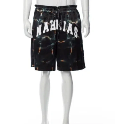 Pre-owned Nahmias Spellout Basketball Shorts Silk Tie Dye Graphic Print Sz Small Black In Multicolor
