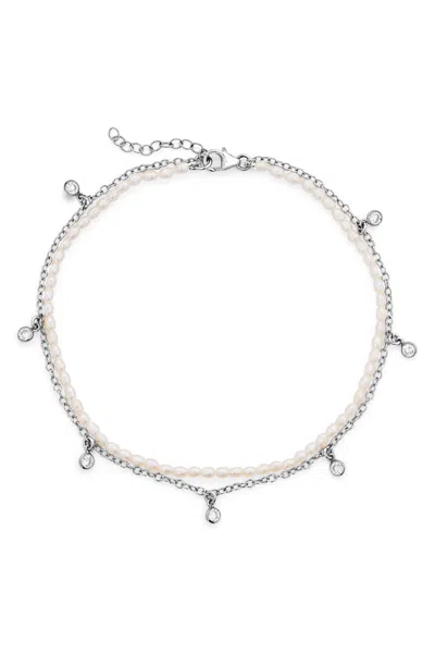 Naiia Women's Rose Silver Cz Gemstone And Pearl Double Anklet