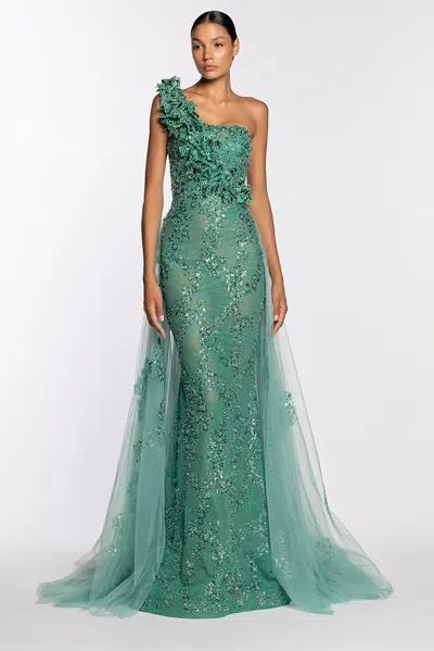 Naja Saade One Shoulder Beaded Gown With Overskirt In Green