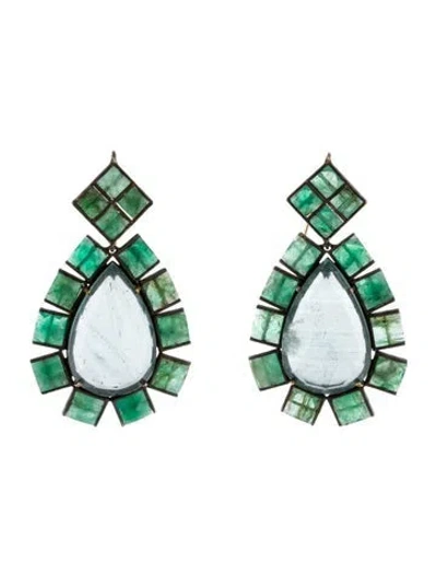 Pre-owned Nak Armstrong Emerald & Aquamarine Drop Earrings In Green