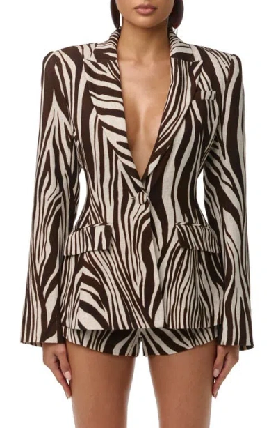 Naked Wardrobe Abstract Animal Print Power Shoulder Blazer In Brown