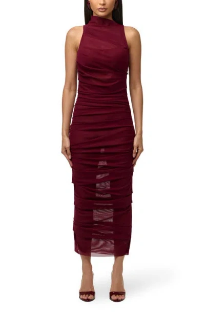 Naked Wardrobe Asymmetric Mock Neck Sheer Mesh Midi Dress In Blue