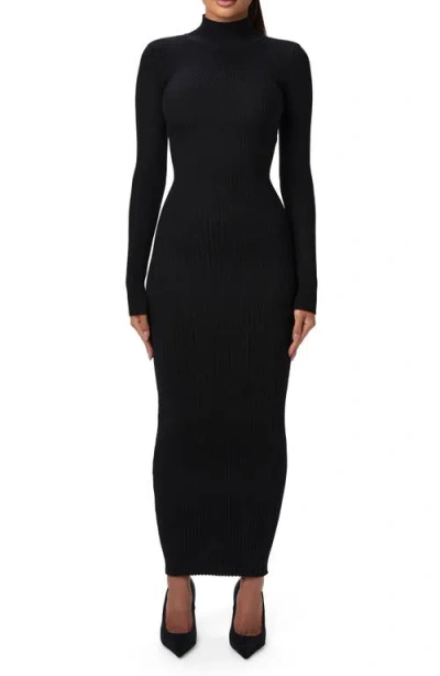 Naked Wardrobe Back Corset Rib Long Sleeve Sweater Dress In Black