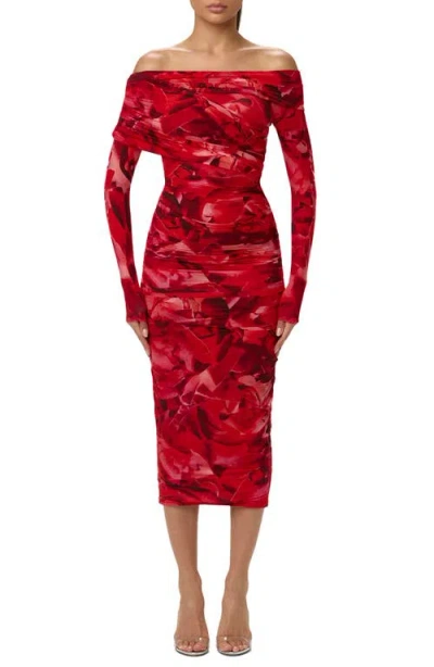 Naked Wardrobe Bare Body Print Off The Shoulder Long Sleeve Midi Dress In Red