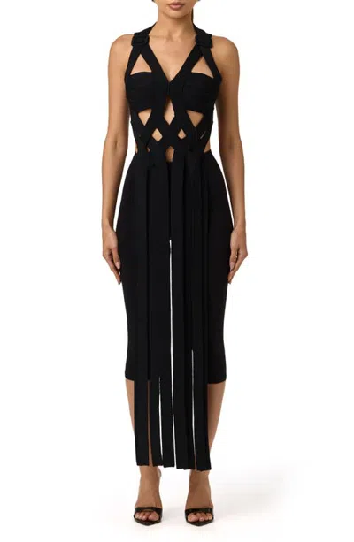 Naked Wardrobe Buckle Fringe Knit Top In Black