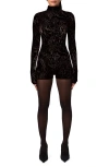 Naked Wardrobe Burnout Mock Neck Long Sleeve Romper In Black