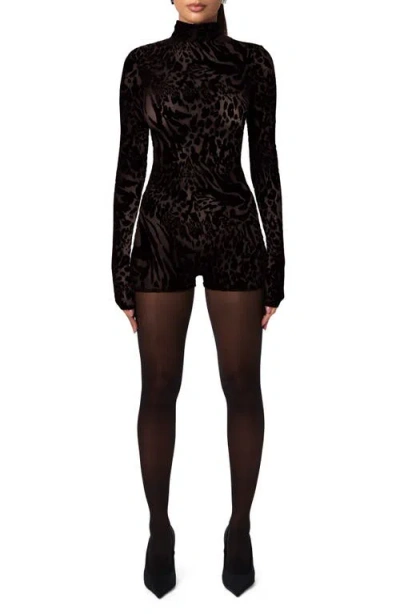 Naked Wardrobe Burnout Mock Neck Long Sleeve Romper In Black