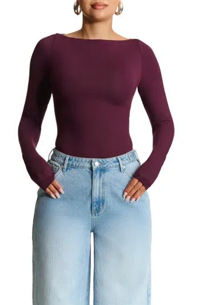 Naked Wardrobe Butter Boat Neck Bodysuit In Dark Plum