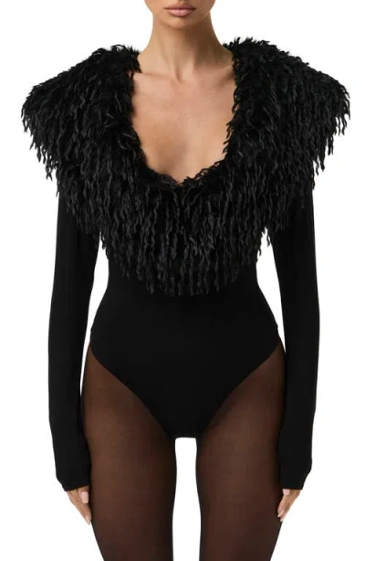 Naked Wardrobe Butter Long Sleeve Bodysuit With Feather Collar In Black
