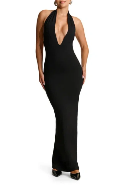 Naked Wardrobe Butter Plunge Halter Maxi Dress In Black | ModeSens