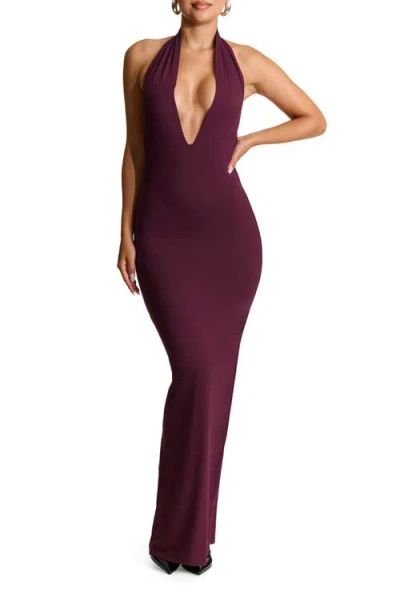 Naked Wardrobe Butter Plunge Halter Maxi Dress In Dark Plum