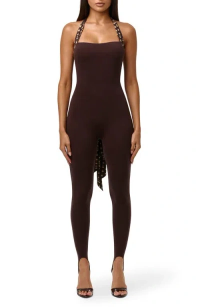 Naked Wardrobe Chiffon Strap Stirrup Jumpsuit In Brown