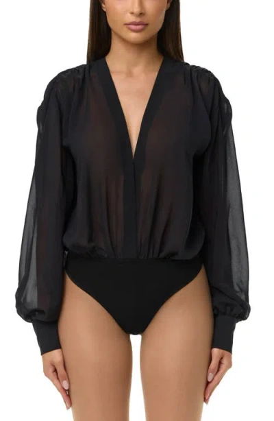 Naked Wardrobe Chiffon V-neck Blousy Bodysuit In Black