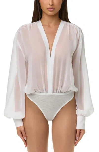 Naked Wardrobe Chiffon V-neck Blousy Bodysuit In White