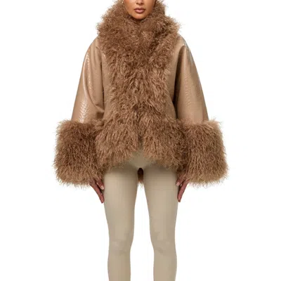 Naked Wardrobe Croc Embossed Faux Leather & Faux Fur Cocoon Coat In Brown
