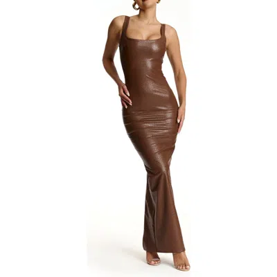 Naked Wardrobe Croc Embossed Faux Leather Body-con Dress In Chocolate