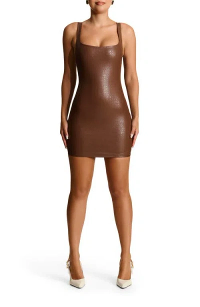 Naked Wardrobe Croc Embossed Faux Leather Body-con Minidress In Chocolate