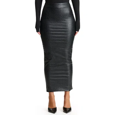 Naked Wardrobe Croc Embossed Faux Leather Midi Skirt In Black
