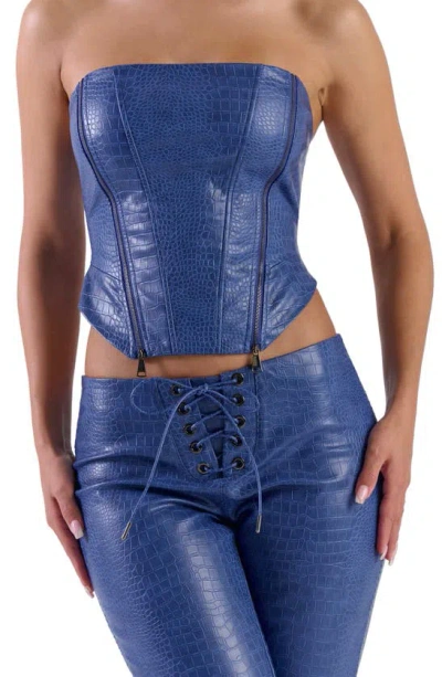 Naked Wardrobe Croc Embossed Lace-up Back Faux Leather Corset In Dark Blue