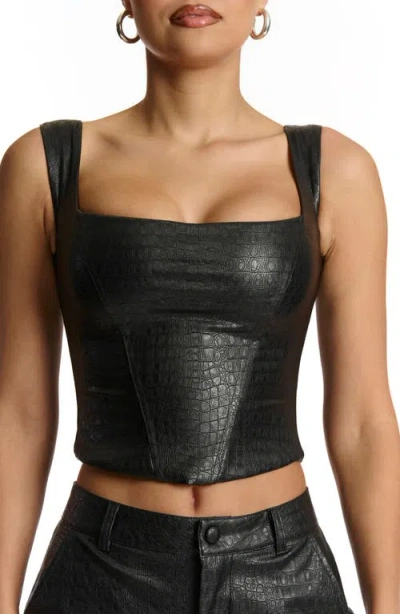 Naked Wardrobe Croc Faux Leather Corset Top In Black