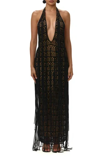 Naked Wardrobe Crochet Fringe Plunge Neck Maxi Dress In Black