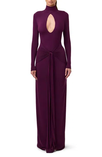 Naked Wardrobe Cutout Tie Front Long Sleeve Maxi Dress In Dark Berry