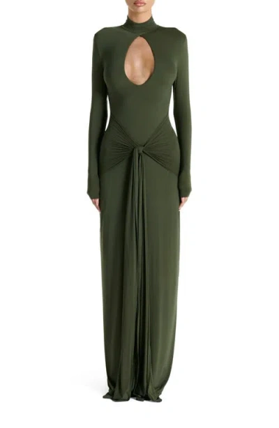 Naked Wardrobe Cutout Tie Front Long Sleeve Maxi Dress In Green